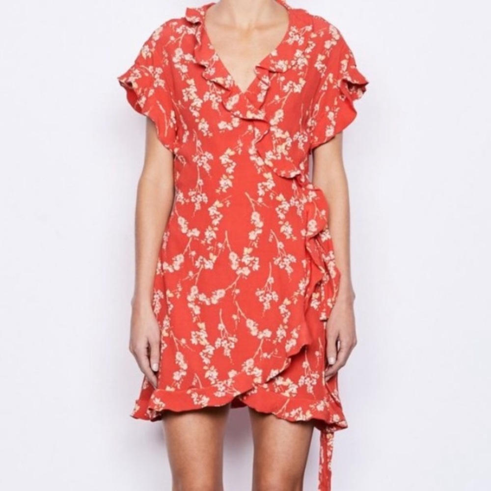 MLM Label Indra Wrap Ruffle Mini Dress Red Floral Small - Picture 2 of 8